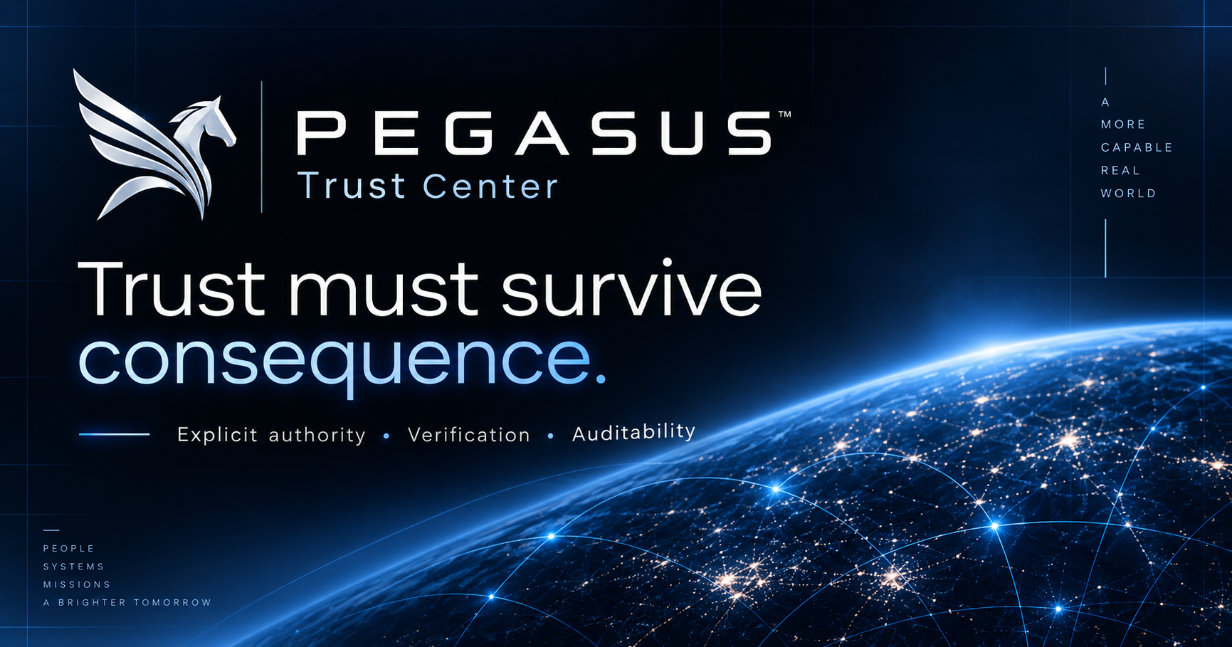 PEGASUS Trust Center visual focused on explicit authority, verification, and auditability